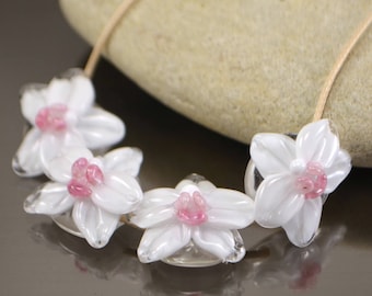 Glass orchid beads Floral lampwork beads for jewelry making White and pink glass beads white glass beads Garden lampwork floral lampwork sra