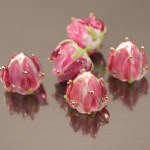 Pink Lampwork flower Handmade beads Artisan Glass Floral gentle delicate spring pink white wedding jewelry making womanly subtle bead