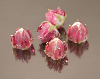 Pink Lampwork flower Handmade beads Artisan Glass Floral gentle delicate spring pink white wedding jewelry making womanly subtle bead
