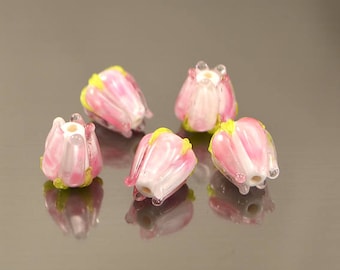 Light Pink Lampwork Flower Buds beads, handmade lampwork flower beads, artisan lampwork beads, mix rose color, rose glass flowers wedding