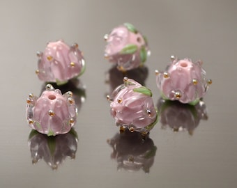 Lilac Handmade Flower lampwork glass beads Floral beads Artisan violet silver/gold dots tenderness wedding jewelry making spring green leaf
