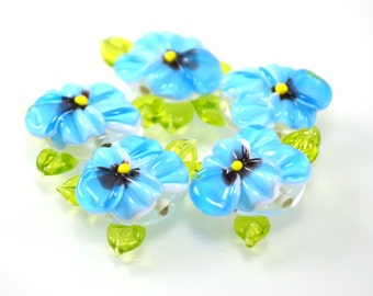 Lampwork beads, Handmade Glass Pansy beads, floral lampwork, SRA beads, lampwork flower beads, Lampwork Pansy Beads, aquamarine beads