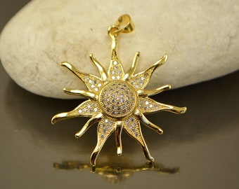 Big Sun cz pendant, Large sun charm 35mm, Brass Micro Pave CZ pendant, charm for jewelry making, Platinum sun, Gunmetal sun