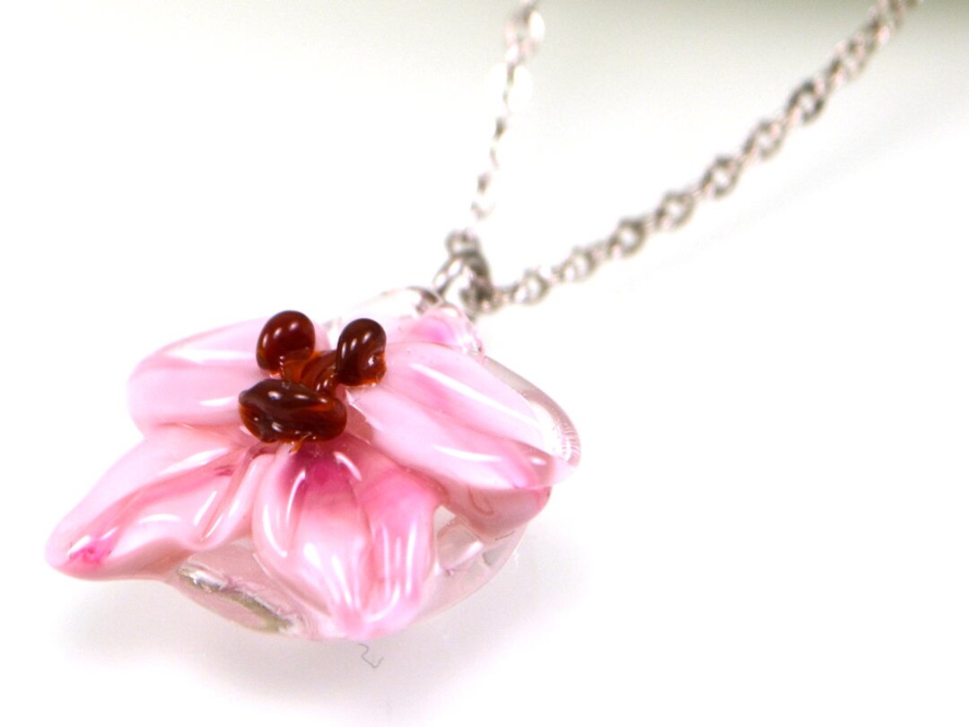Pink Orchid Flower Glass Pendant, Lampwork Pendant, Flower Necklace