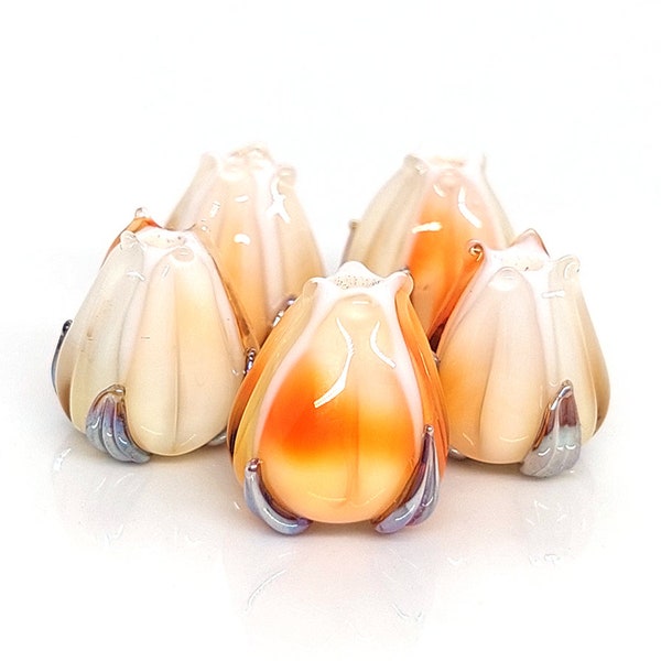 White orange Lampwork beads, Opaque lampwork Bud beads, Artisan lampwork,  Floral lampwork, flower silver leaf, Beads for jewelry