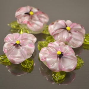 Pansy lampwork beads Handmade Glass beads floral lampwork tender lampwork flower beads, SRA beads for jewelry making, spotty pink green leaf