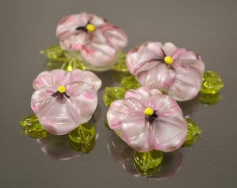 Pansy lampwork beads Handmade Glass beads floral lampwork tender lampwork flower beads, SRA beads for jewelry making, spotty pink green leaf