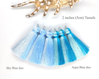 Blue 2 inch silk tassels, Aqua Blue Jewelry tassels, Sky blue 5cm tassels, Tiny tassels, tassels for invitations, Duo colors tassels