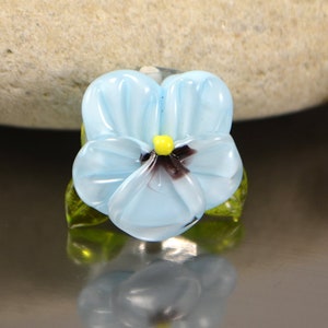 Blue Pansy Handmade Glass lampwork beads floral lampwork flower beads SRA beads light blue sky spring gentle sweet summer artisan beads leaf