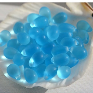 Aqua Matt 6x9mm Teardrop beads 25pcs, Transparent blue teardrop glass beads, Czech Glass Beads, Czech drop beads, Czech Teardrop beads