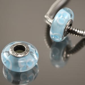 Lampwork beads for european bracelet, Handmade Lampwork European Charm Bracelet Bead, white flowers on blue, european lampwork charm beads