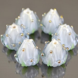 Pale blue floral beads with gold dots, Spring flower lampwork, Light blue glass flower bead, Artisan lampwork