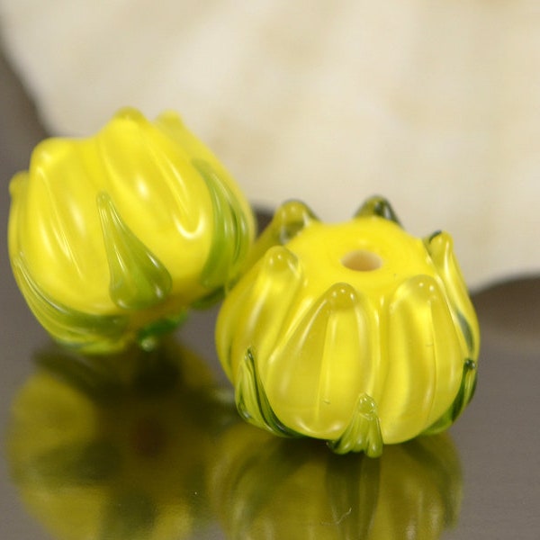 Yellow glass floral beads, Blossom lampwork beads, Sunny yellow flower beads with green leaves