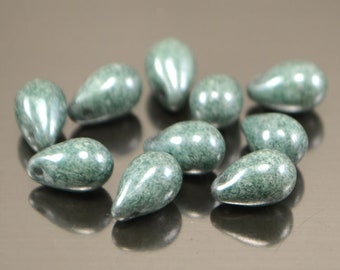 25pcs Green Picasso 6x9mm Teardrop beads, Pale green teardrop glass beads, Czech Glass Beads, Czech Teardrop beads, 03000/14459