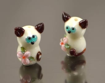 handmade lampwork cat beads glass cat beads lampwork kitten beads for kids jewelry making Beige cat floral animal beads small cat beads