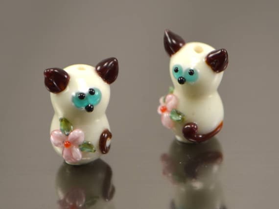 Tan Cat Beads, Lampwork Glass Kitten Kitty Beads (4 Pieces)