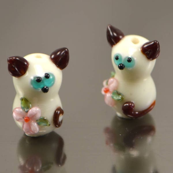 handmade lampwork cat beads glass cat beads lampwork kitten beads for kids jewelry making Beige cat floral animal beads small cat beads