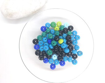 70 pcs MIX handmade lampwork spacer beads, jewelry making, small colorful lampwork beads, glass donut lamp baby beads, black, blue beads