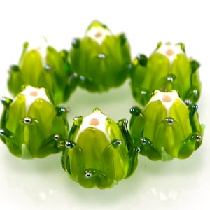 Salad green transparent on white with silver dots glass beads, Lampwork flower beads, Floral lampwork Jewelry supplies Spring Fresh Juicy