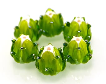 Salad green transparent on white with silver dots glass beads, Lampwork flower beads, Floral lampwork Jewelry supplies Spring Fresh Juicy