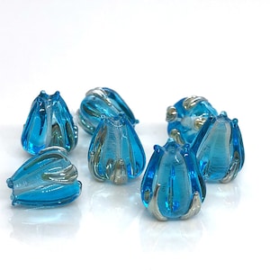 Blue Lampwork beads, Aquamarine lampwork Bud beads, Artisan lampwork,  Floral lampwork, Transparent lampwork