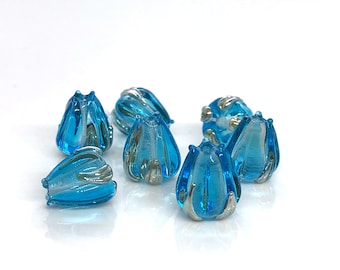 Cuentas de lampwork azul, cuentas de lampwork aguamarina, cuentas de lampwork artesanal, lampwork floral, lampwork transparente