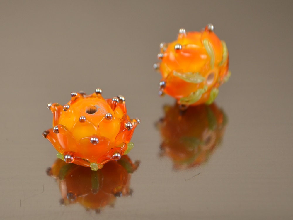 Orange Glass Flower Beads With Silver Dots Bright Beads Etsy
