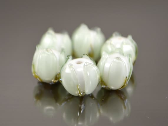 Mint green glass beads with gold, Lampwork flower glass beads, For jewelry making, Spring floral bead, Tender glass beads