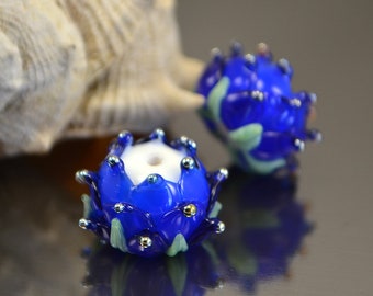 Cobalt blue flower beads, Floral lampwork, Blue white silver beads, Lampwork flower beads, Artisan lampwork