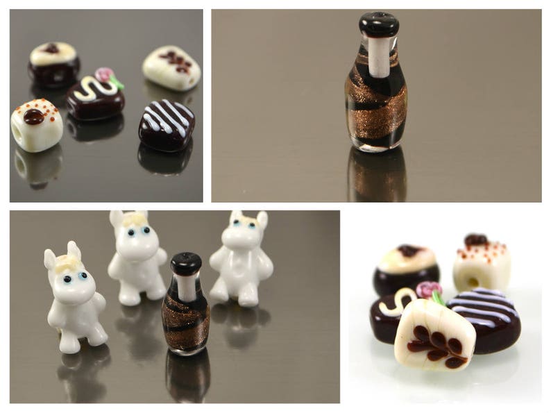 May include: Assortment of glass beads in various shapes and colors, including a bottle, a small animal, and a chocolate bar. The beads are made of glass and have a glossy finish.