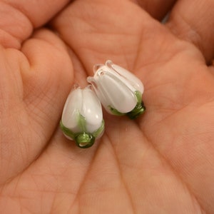 White Lampwork Rose Buds handmade glass beads flower beads miniature flower artisan beads bead garden wedding decor jewelry making diy image 3