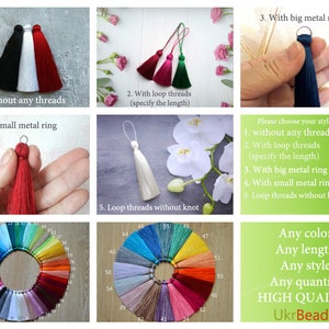 May include: A selection of tassel styles with different options for the top, including no threads, loop threads, small metal ring, big metal ring, and loop threads without a knot. A color chart shows a variety of colors available for the tassels.