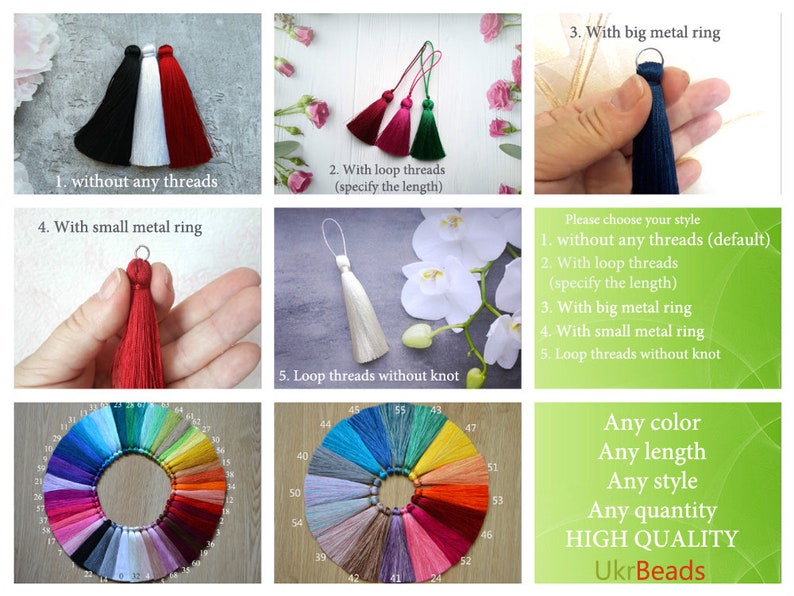 May include: A selection of tassel styles with different options for the top, including no threads, loop threads, small metal ring, big metal ring, and loop threads without a knot. A color chart shows a variety of colors available for the tassels.