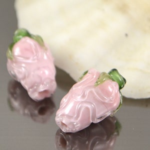 Pale pink floral glass beads, pink rose bud with green leaf, Flower lampwork beads, Handmade lampwork
