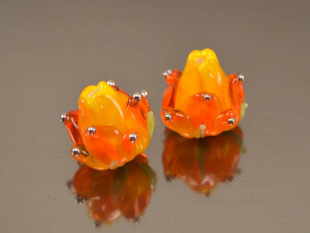 Orange Glass Beads Orange Flower Beads Handmade Lampwork Etsy
