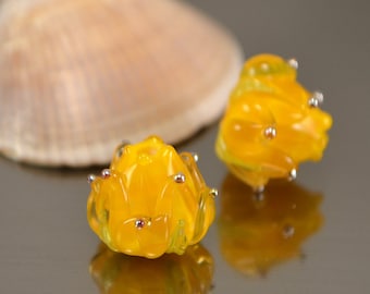 Honey yellow lampwork flower beads silver dots, Handmade lampwork glass beads for jewelry, Beads for you, artisan lampwork, floral sra beads