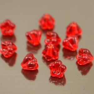 20pcs Red 6*4mm Czech Bell Flowers, Scarlet red glass beads, Blushing glass flowers, Small flower beads, Blossom flower beads for Jewelry