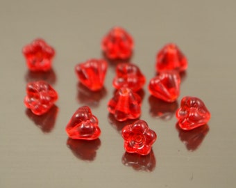 20pcs Red 6*4mm Czech Bell Flowers, Scarlet red glass beads, Blushing glass flowers, Small flower beads, Blossom flower beads for Jewelry