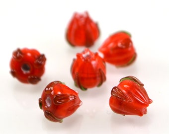Red Lampwork glass beads set 6pcs, Small floral beads for jewelry making, 8mm glass beads, Floral lampwork