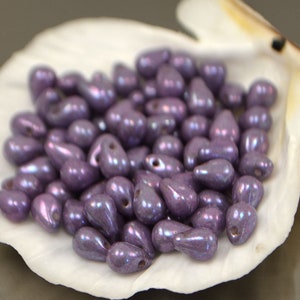 4x6mm Purple Lustre Teardrop beads (50pcs), Deep Lavender Teardrop, Lustered teardrop, Small Teardrop Bead, Czech Glass Beads