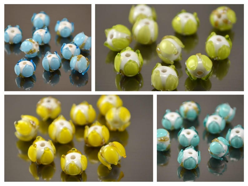 May include: Assortment of glass beads in various colors, including blue, green, yellow, and white. The beads have a flower-like design with five petals.