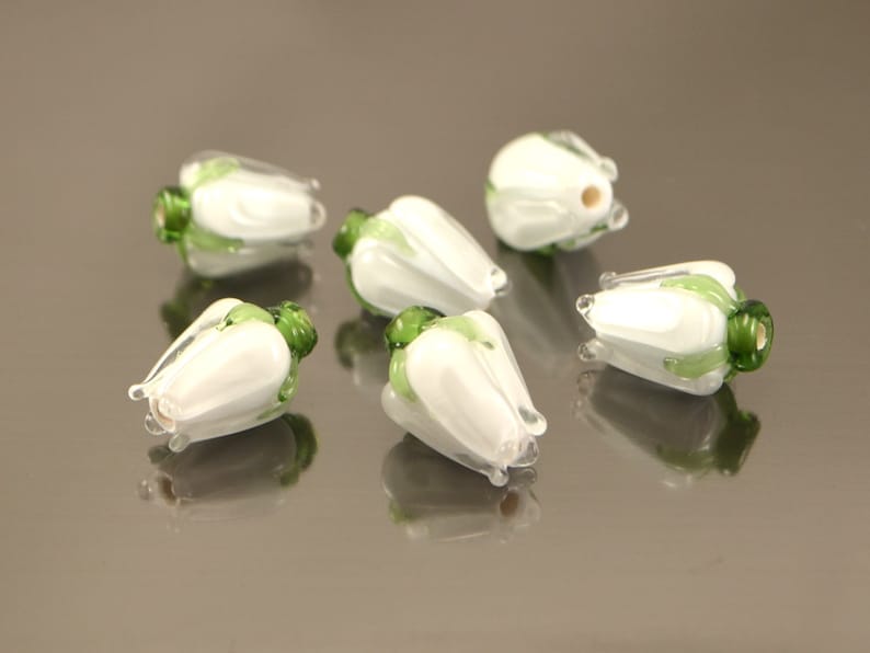 White Lampwork Rose Buds handmade glass beads flower beads miniature flower artisan beads bead garden wedding decor jewelry making diy image 9