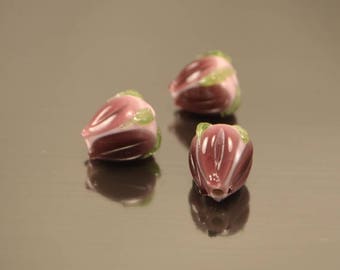 Amethyst Lampwork Glass Flower Buds beads handmade flower glass artisan beads purple green leaves spring diy jewelry making purple violet