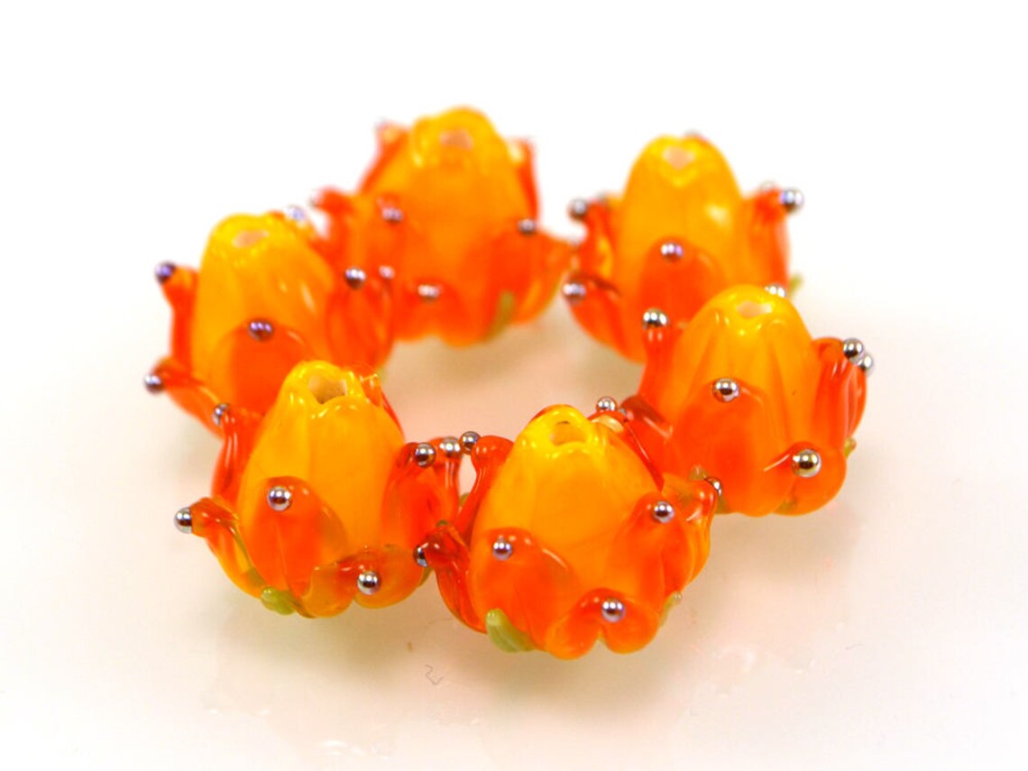 Orange Glass Beads Orange Flower Beads Handmade Lampwork Etsy