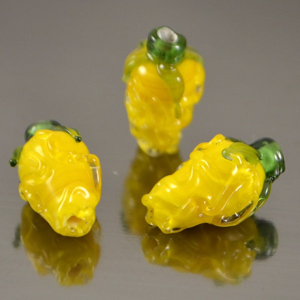 Sunny yellow flower lampwork beads, Yellow glass beads, Yellow flower bud beads, Handmade lampwork, Lemon yellow, green leaf