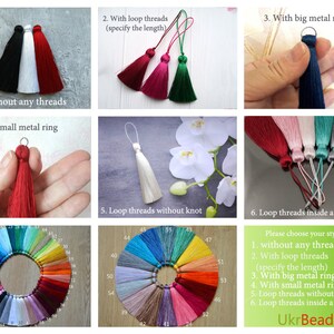 May include: A selection of tassel styles with different metal ring options. The tassels are available in a variety of colors. The image also includes a color chart with 56 different colors.