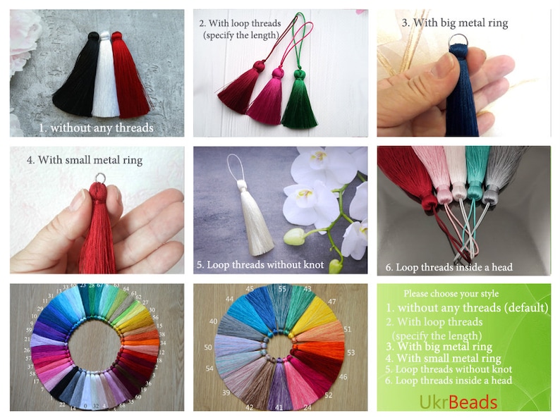 May include: A selection of tassel styles with different metal ring options. The tassels are available in a variety of colors. The image also includes a color chart with 56 different colors.