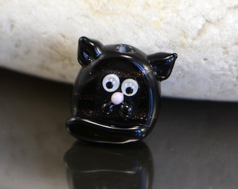 Cuentas de gato de vidrio negro, cuentas de animales de lampwork, gato de vidrio con rayas, cuentas de gato de aventurina de oro negro, colgante de gato