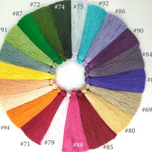 May include: A color chart of 20 different colored tassels. The tassels are arranged in a circle, with the numbers 69, 71, 72, 74, 75, 77, 78, 79, 80, 83, 84, 85, 86, 87, 88, 89, 90, 91, 92, 93, and 94 printed next to each tassel.