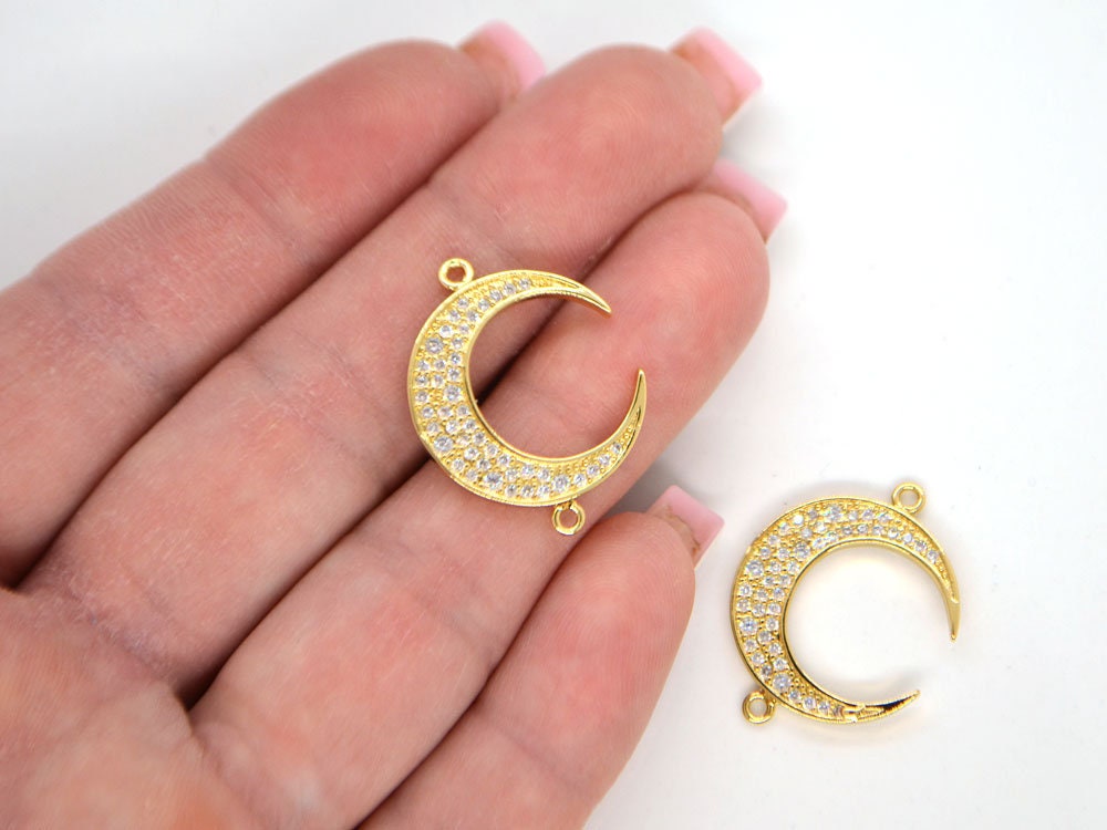 Golden Moon link, Brass Micro Pave Cubic Zirconia Link, Gold Crescent link, Cz brass findings, 2 loop moon links, Jewelry making, 25*19mm